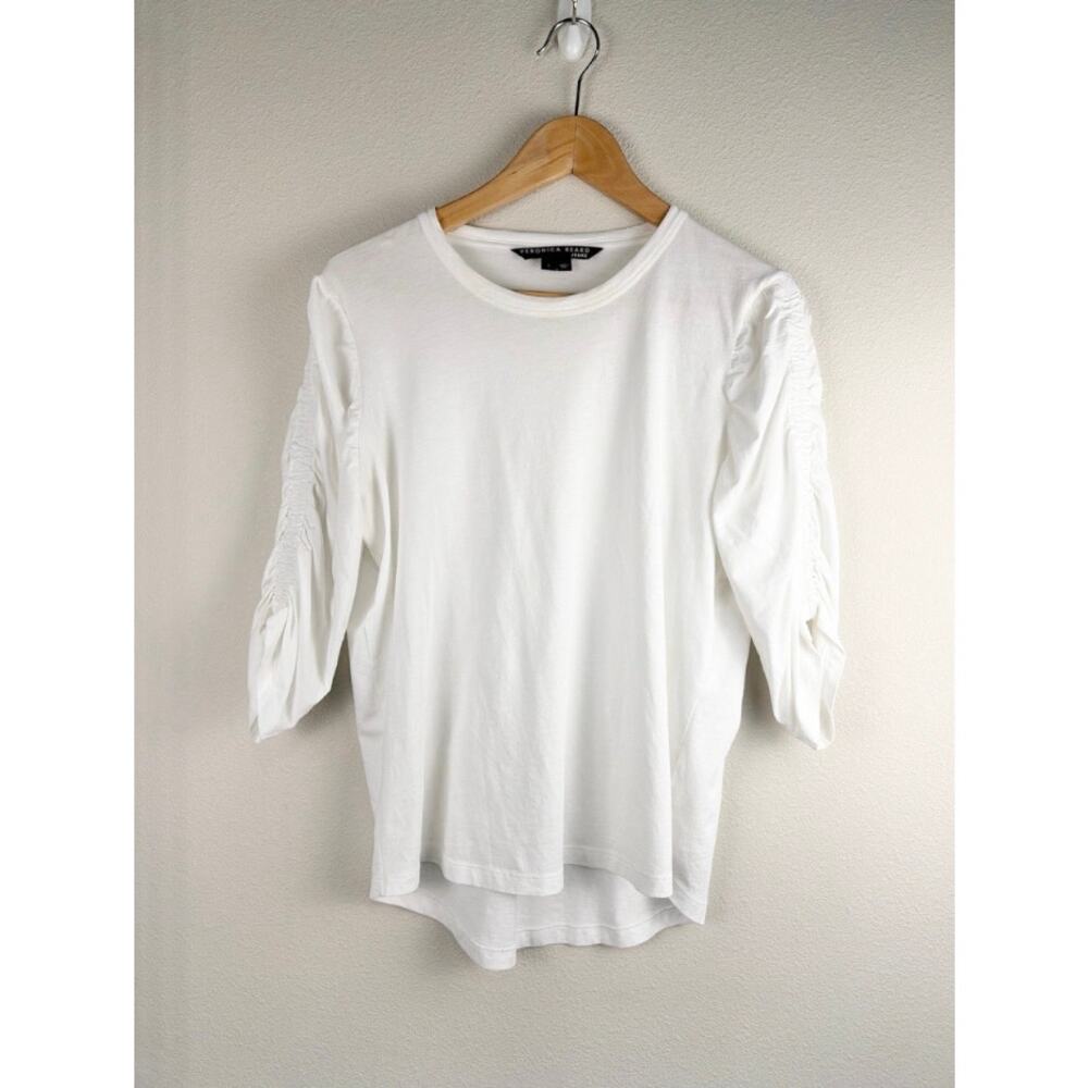 Veronica Beard Waldorf Ruched-Sleeve T-Shirt White Large Pima Cotton EUC - Picture 4 of 7